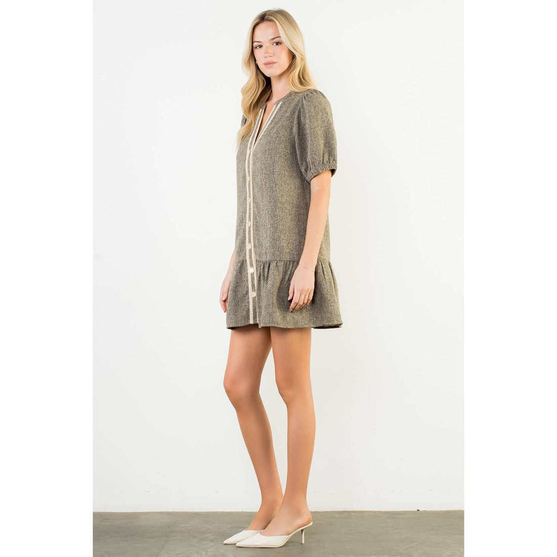 Puff Sleeve Textured Button Up Dress