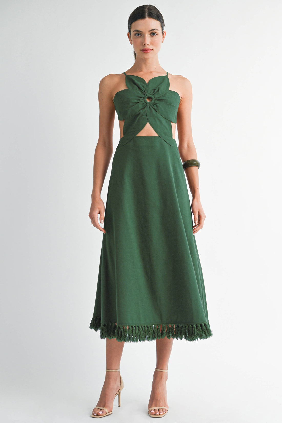 Cutout Midi Dress with Fringe Hem