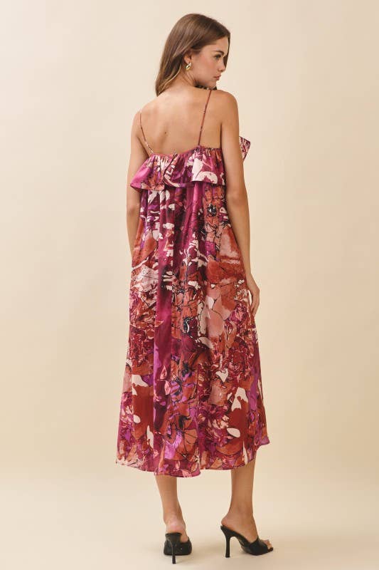 Floral Print Ruffled Neckline Flowy Midi Dress