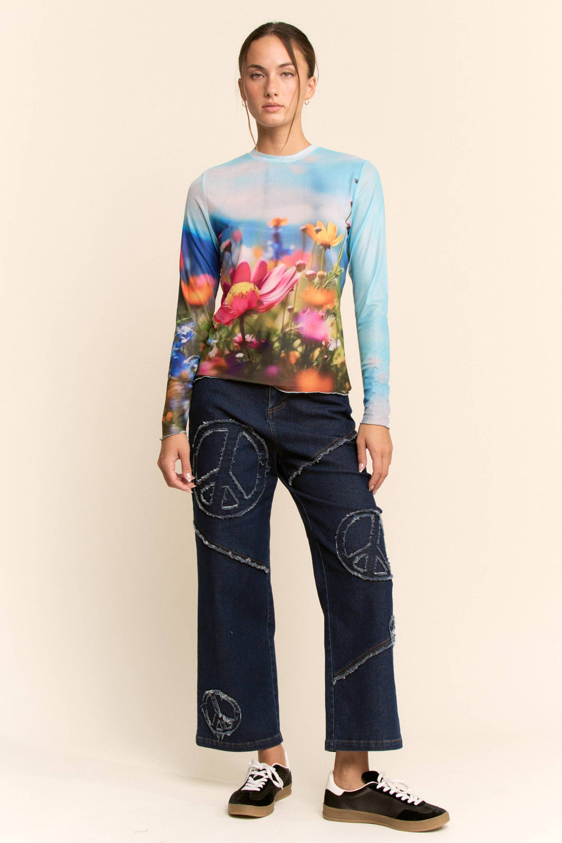 Floral Field Print Mesh Long Sleeve Top