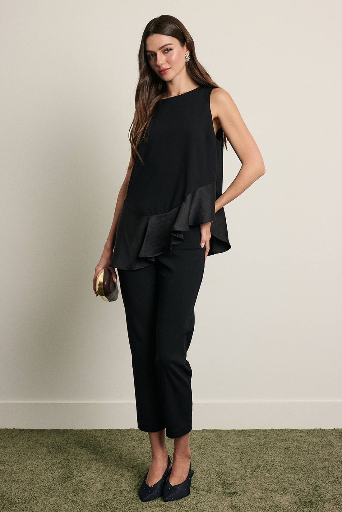 Asymmetrical Satin Ruffle Hem Sleeveless Top - RT1395