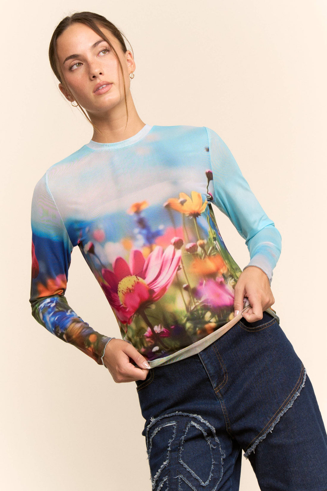 Floral Field Print Mesh Long Sleeve Top