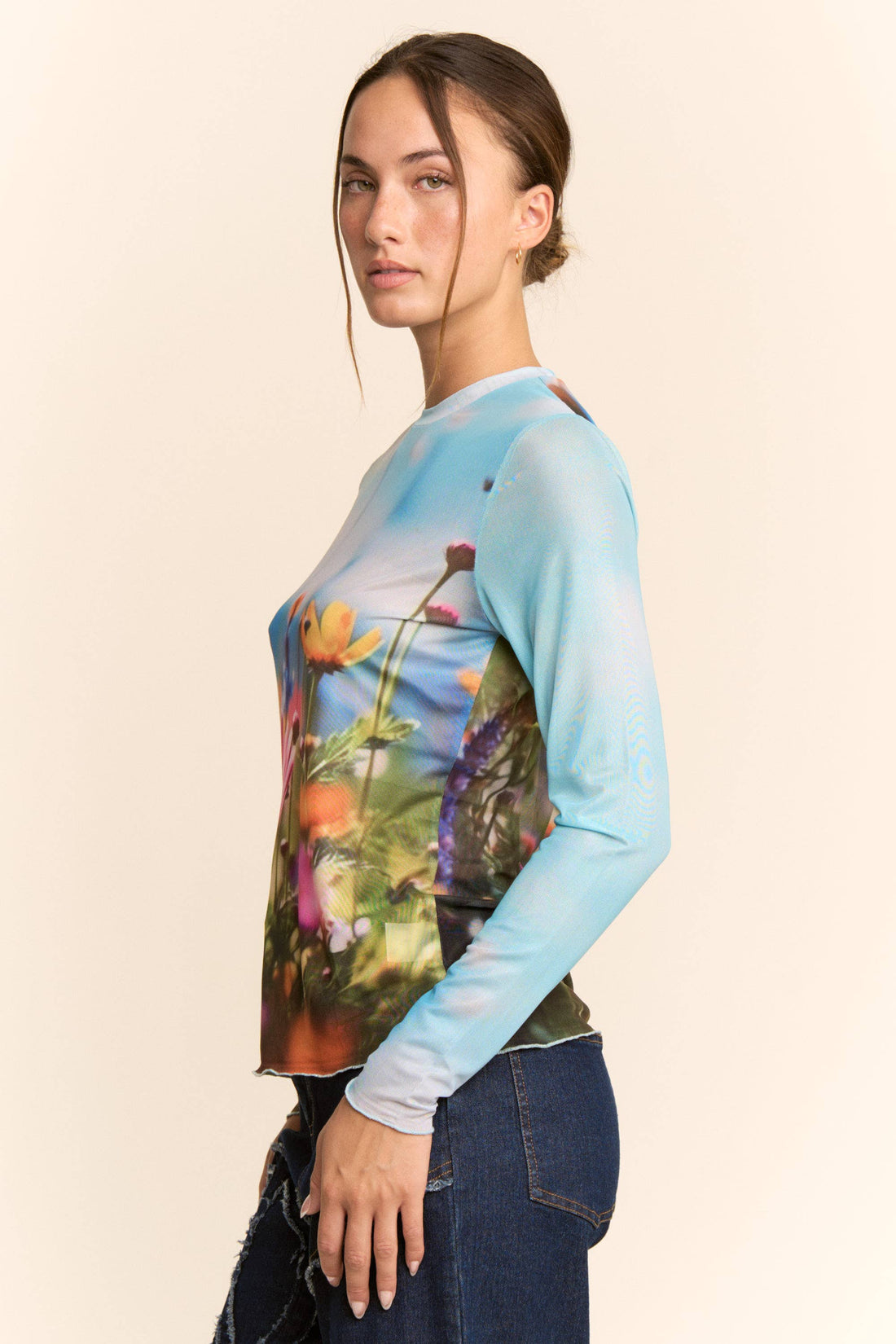 Floral Field Print Mesh Long Sleeve Top