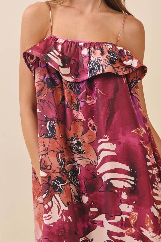 Floral Print Ruffled Neckline Flowy Midi Dress