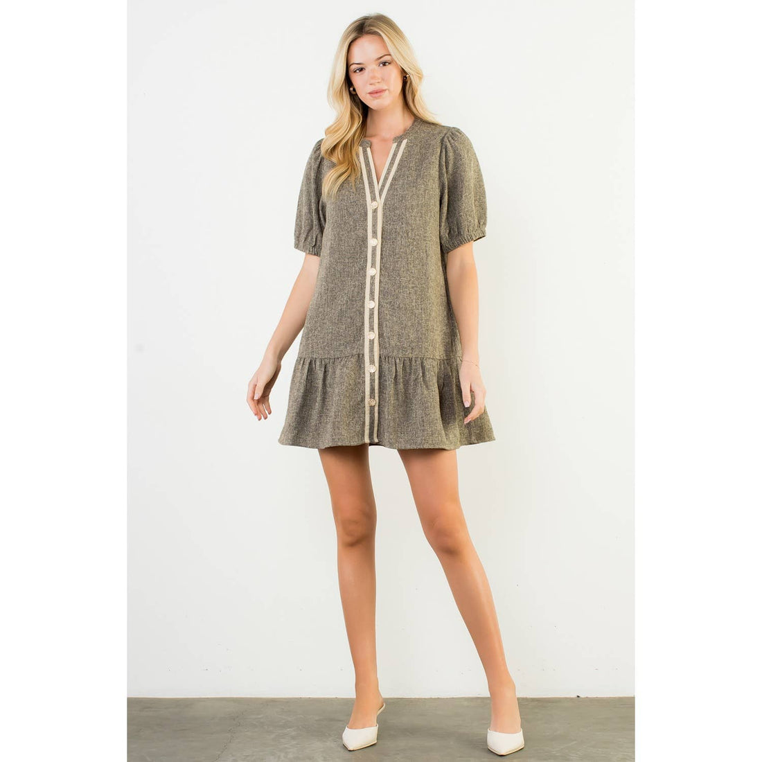 Puff Sleeve Textured Button Up Dress