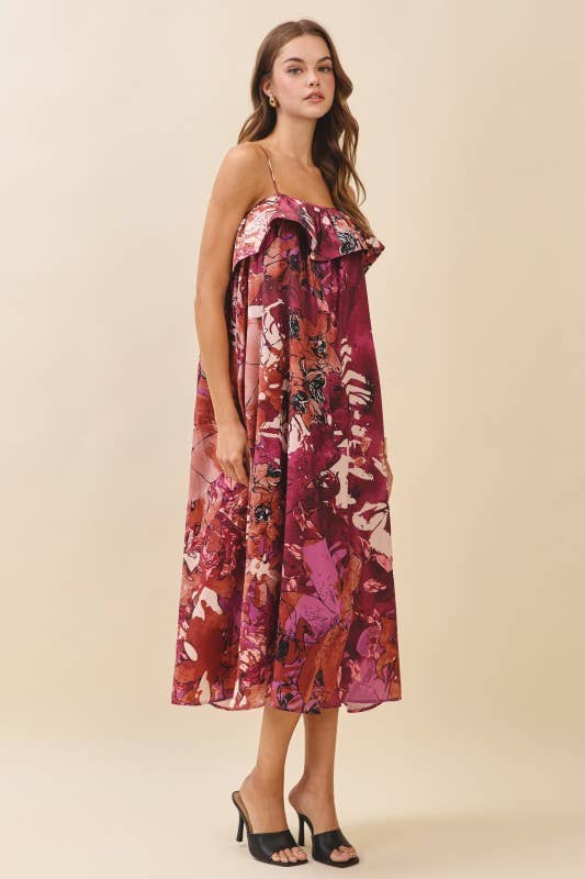 Floral Print Ruffled Neckline Flowy Midi Dress