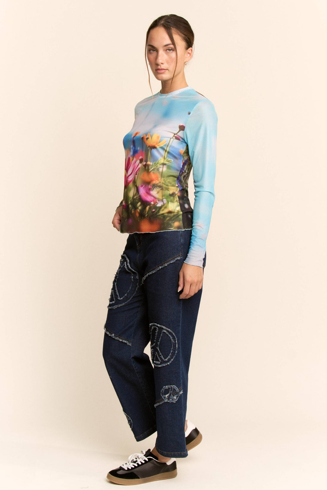 Floral Field Print Mesh Long Sleeve Top