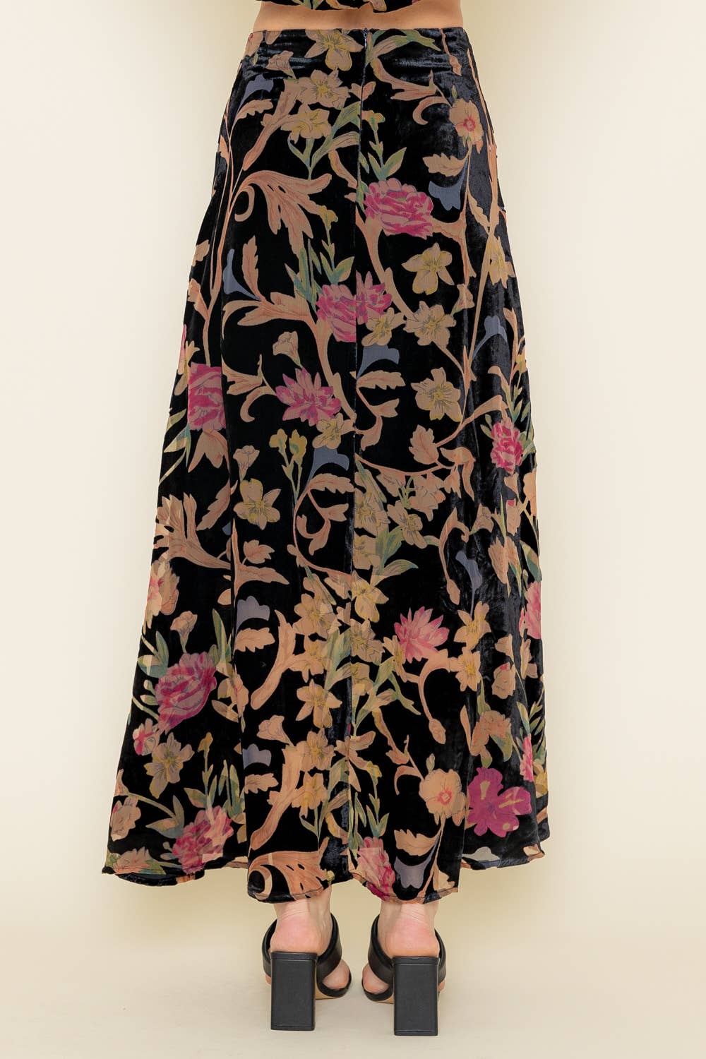 BOHO CHIC FLORAL BURNOUT FLARED MAXI SKIRT