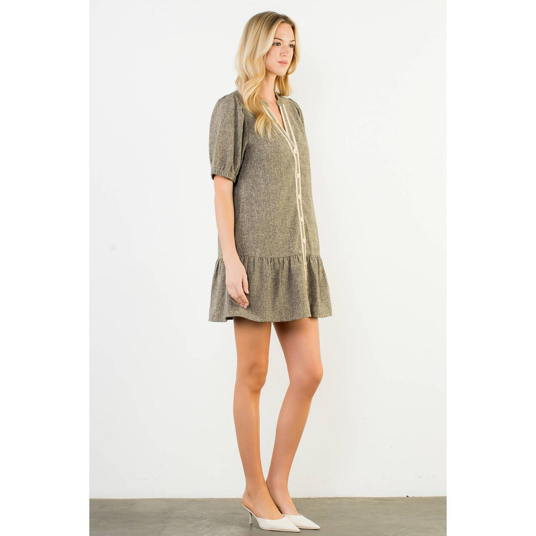 Puff Sleeve Textured Button Up Dress