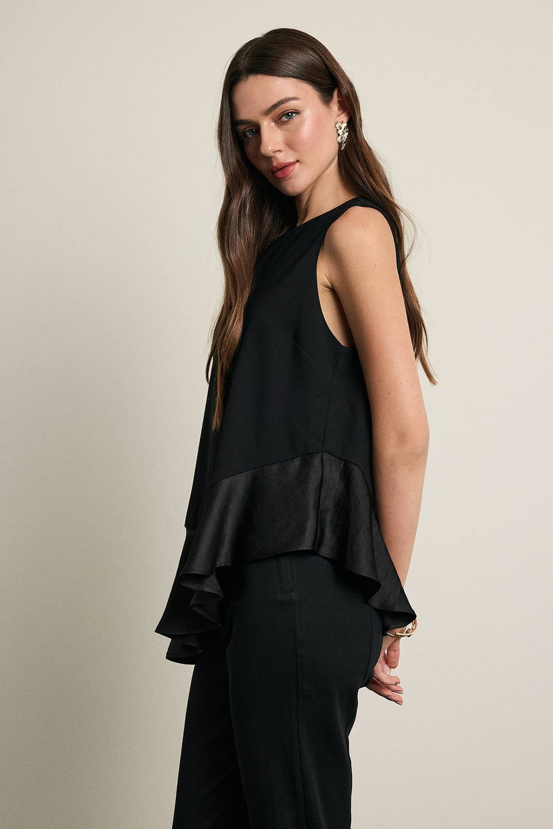 Asymmetrical Satin Ruffle Hem Sleeveless Top - RT1395