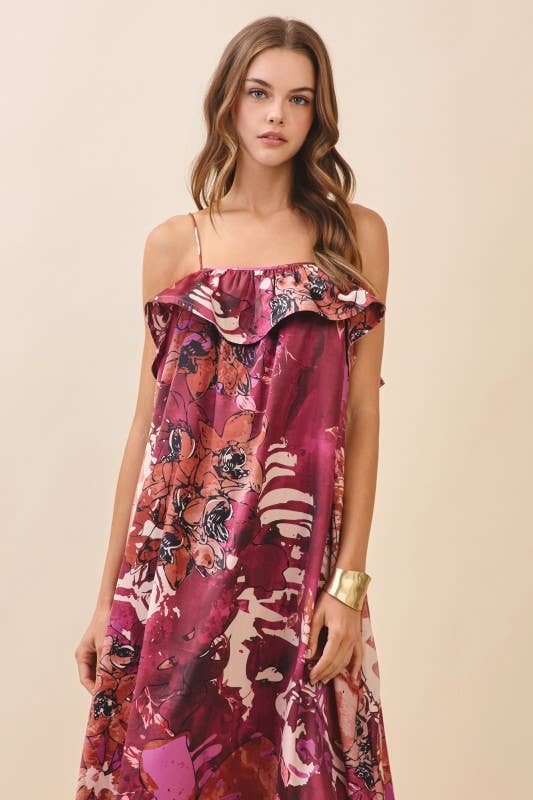 Floral Print Ruffled Neckline Flowy Midi Dress