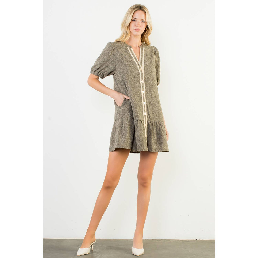 Puff Sleeve Textured Button Up Dress