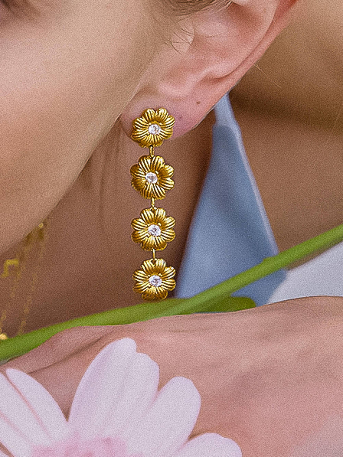 Bloomie 18K Gold Non-Tarnish CZ Flower Chain Earring
