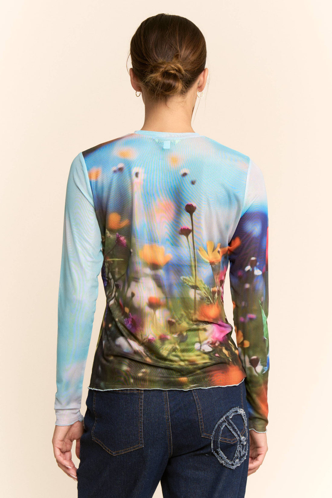 Floral Field Print Mesh Long Sleeve Top