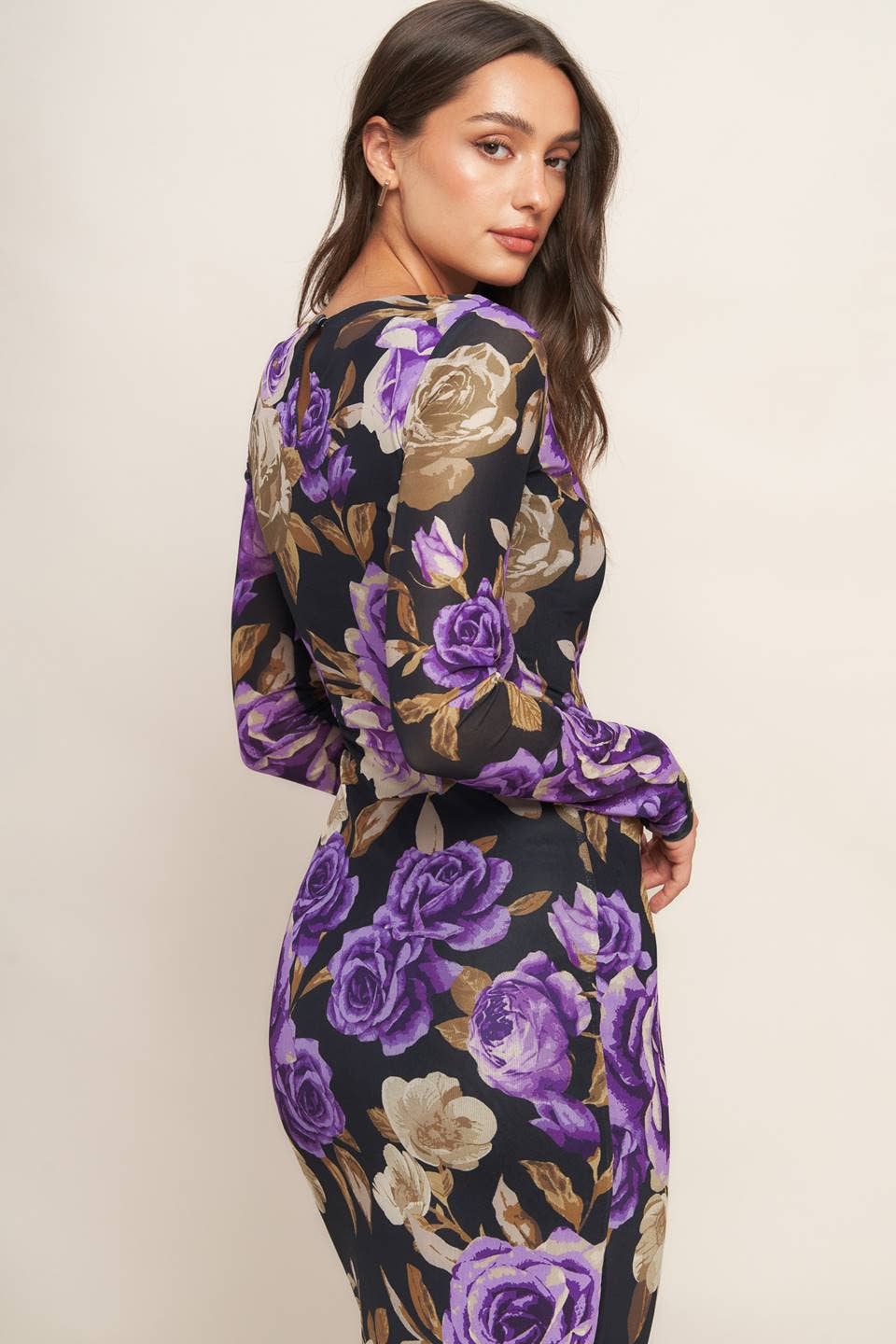A printed power mesh midi dress