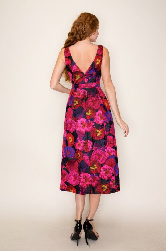 ladies jacquard dress Pink and Red Jacquard Floral Midi Dress