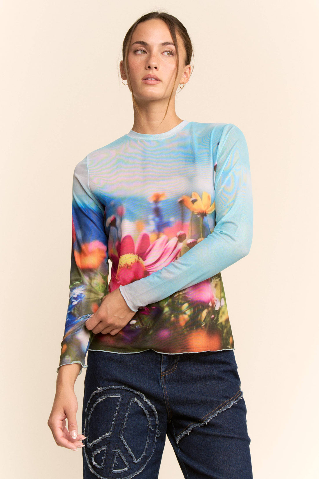 Floral Field Print Mesh Long Sleeve Top