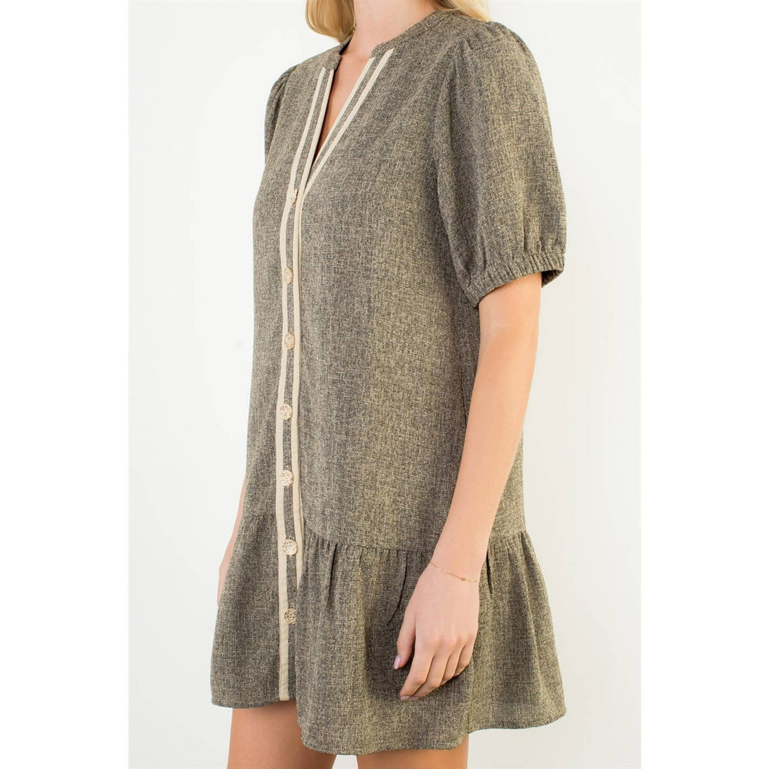 Puff Sleeve Textured Button Up Dress