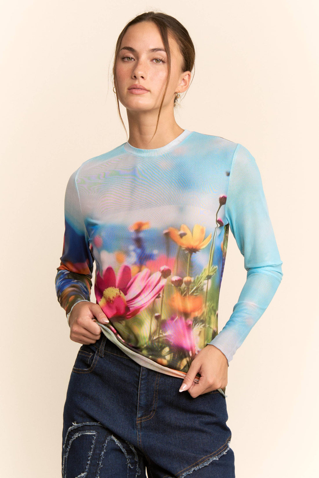 Floral Field Print Mesh Long Sleeve Top