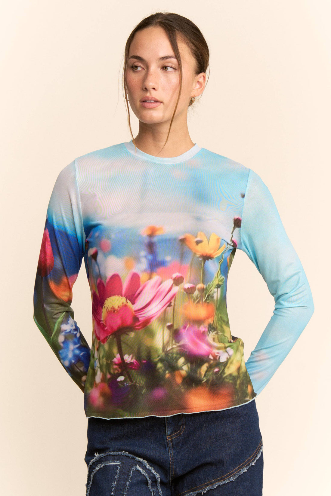 Floral Field Print Mesh Long Sleeve Top