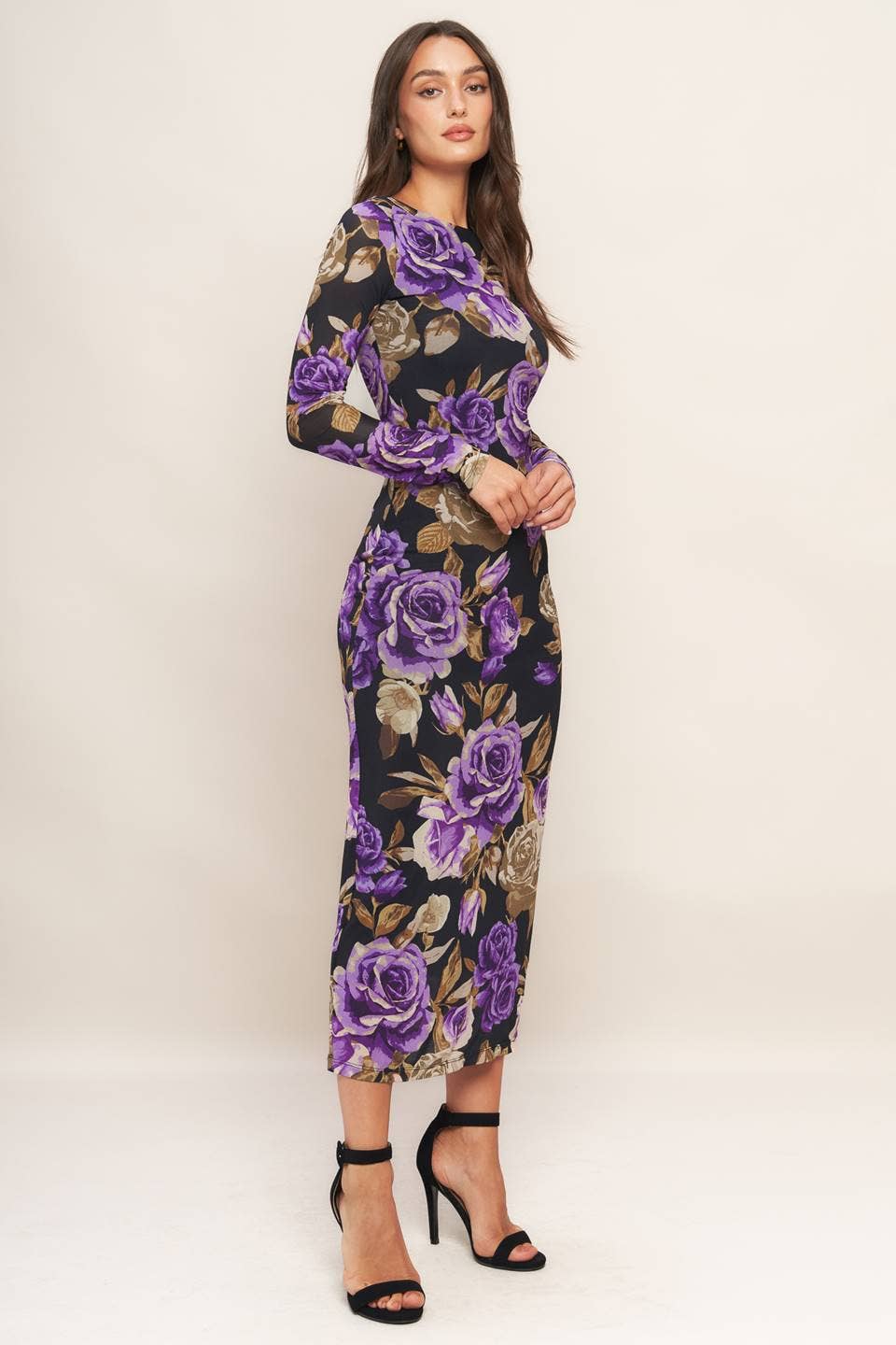 A printed power mesh midi dress