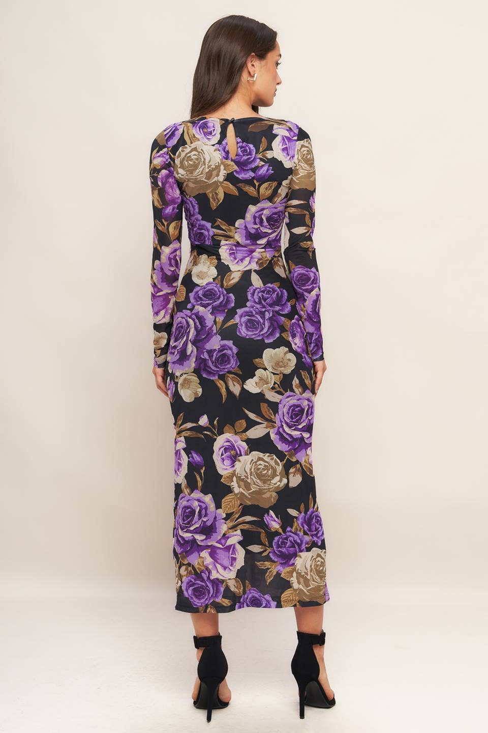 A printed power mesh midi dress