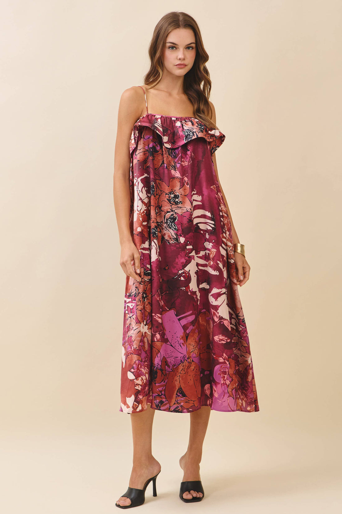 Floral Print Ruffled Neckline Flowy Midi Dress
