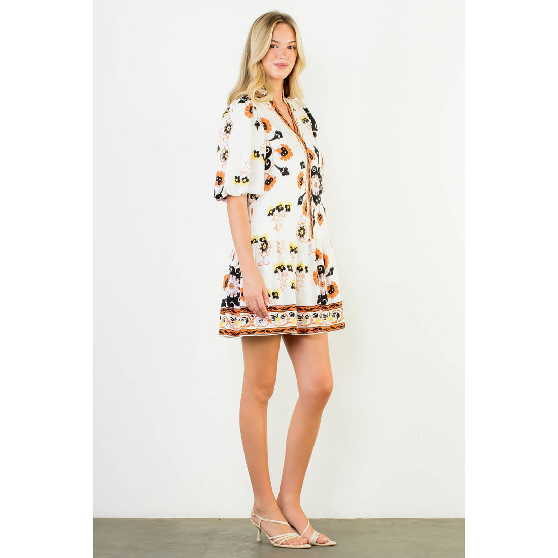 Puff Sleeve V-Neck Floral Mini Dress