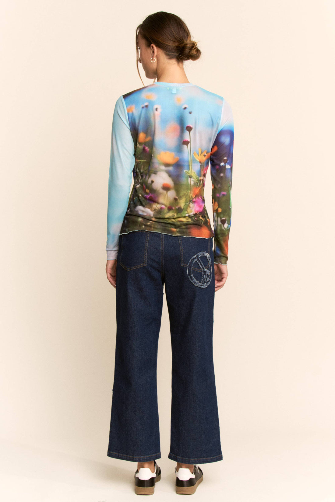 Floral Field Print Mesh Long Sleeve Top